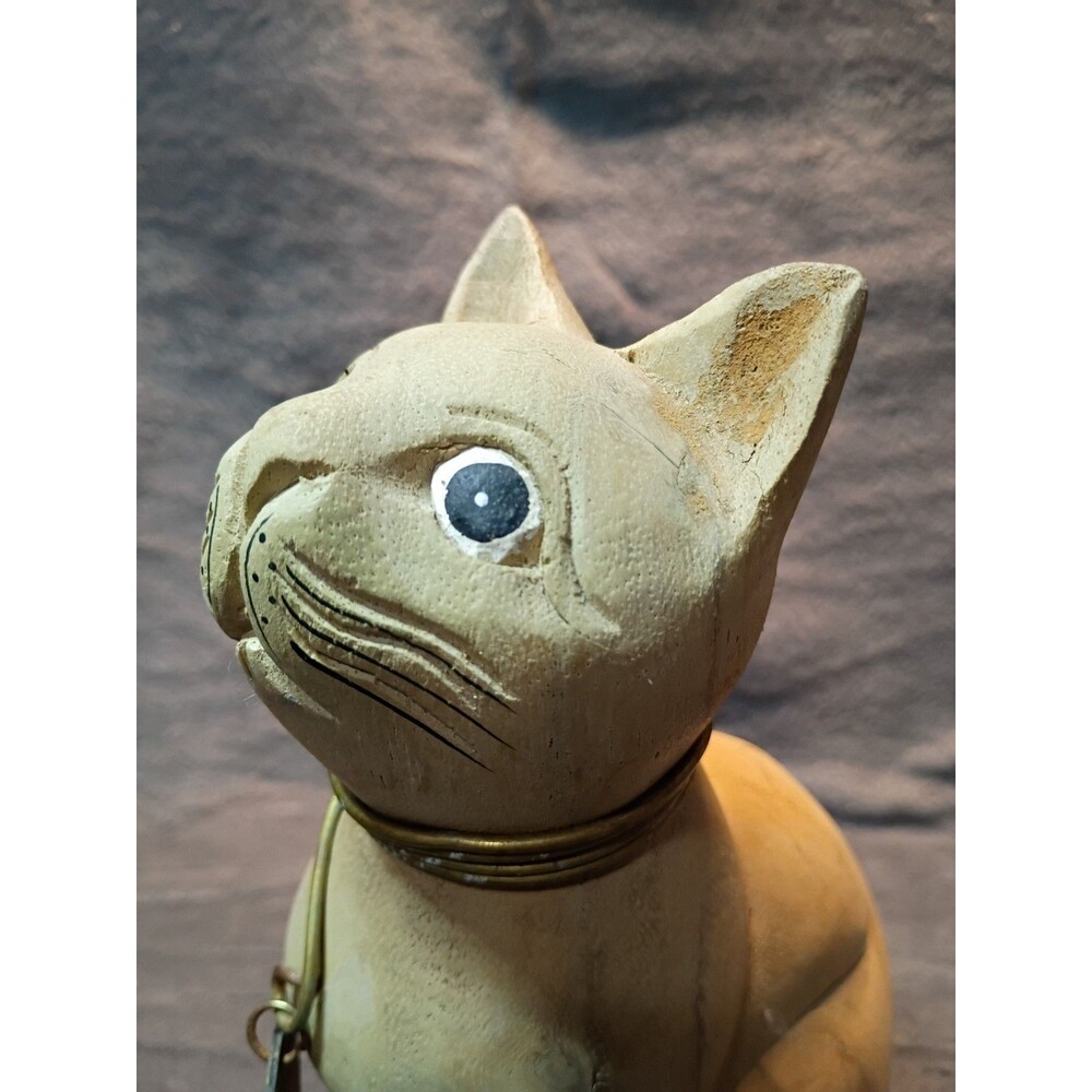 Vintage Hand Carved Wooden Cat Folk Art Sculpture Brass Collar Rustic Whimsical - Picture 6 of 14